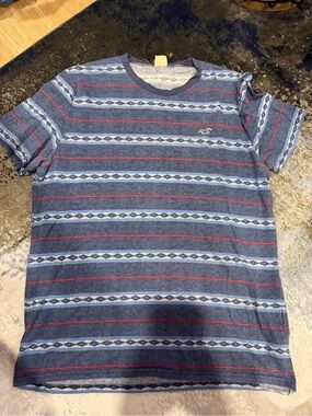 Hollister Navy Blue Striped Crewneck Tee with Red Accent